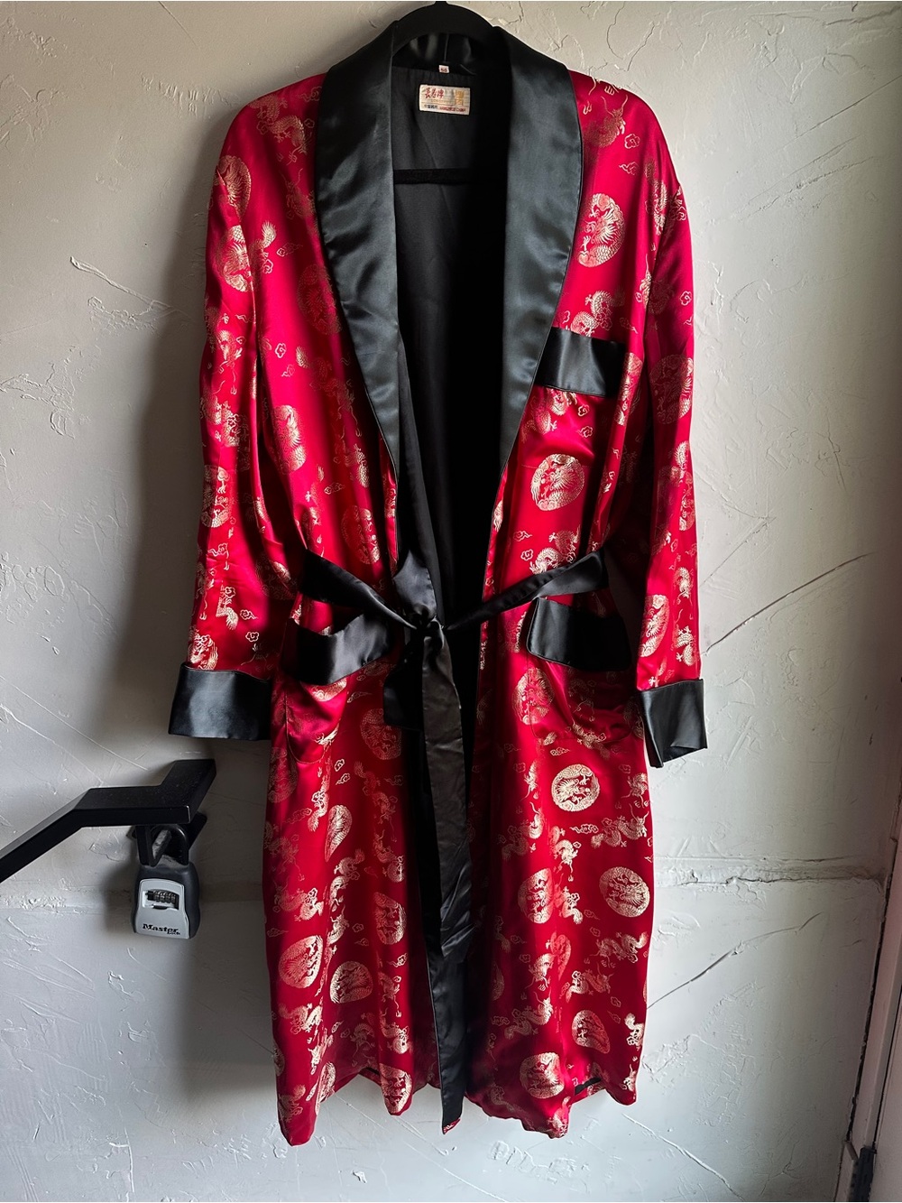 Vintage Chinese Dragon‎ Satin Smoking Robe Red & Gold Brocade Lounge Robe Belted